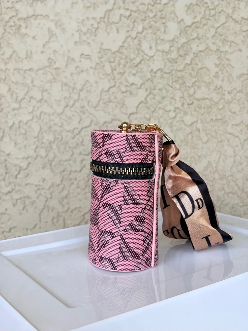 Pink Patterned Cylinder Compartment Bag with Scarf Accent